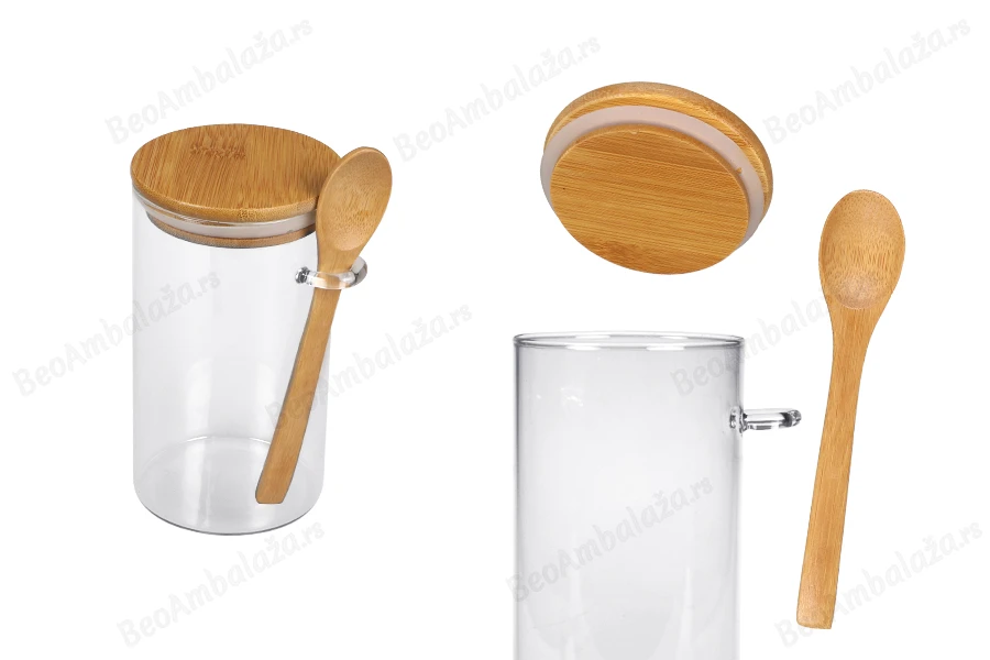 Staklena cilindrična tegla 700mL, sa drvenom kašikom i poklopcem sa gumicom, 85x150mm-slika_proizvoda