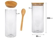 Staklena cilindrična tegla 1000mL, sa drvenom kašikom i poklopcem sa gumicom, 85x200mm