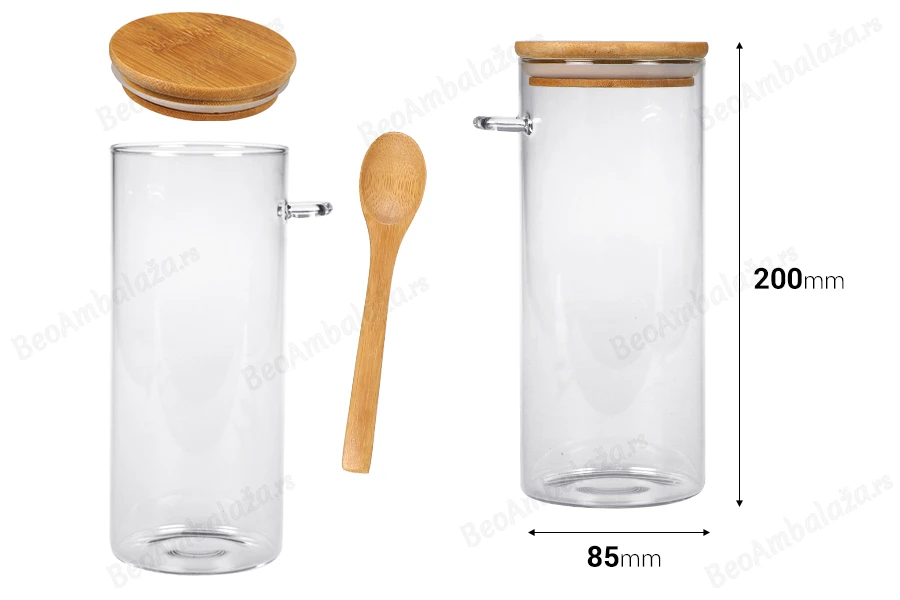 Staklena cilindrična tegla 1000mL, sa drvenom kašikom i poklopcem sa gumicom, 85x200mm-dimenzije_slike