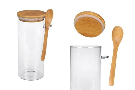 Staklena cilindrična tegla 1000mL, sa drvenom kašikom i poklopcem sa gumicom, 85x200mm-1