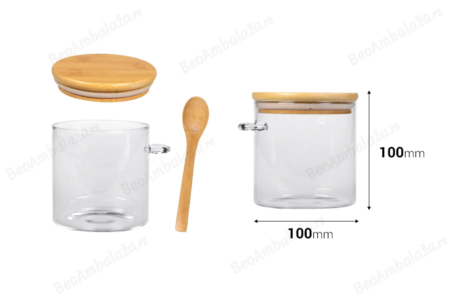 Staklena cilindrična tegla 600mL, sa drvenom kašikom i poklopcem sa gumicom, 100x100mm-dimenzije_slike