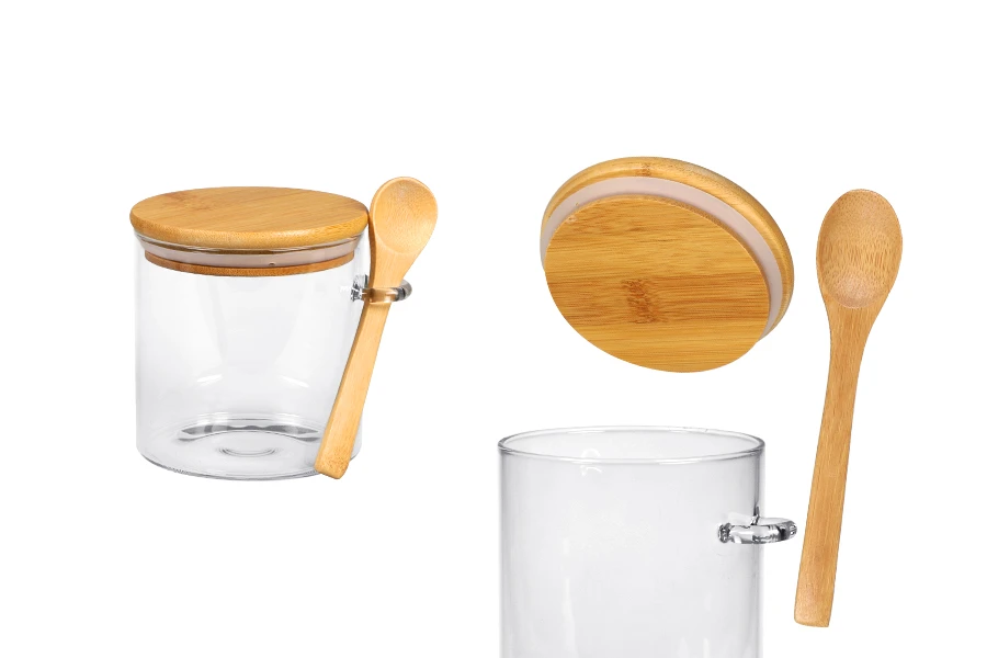 Staklena cilindrična tegla 600mL, sa drvenom kašikom i poklopcem sa gumicom, 100x100mm-slika_proizvoda
