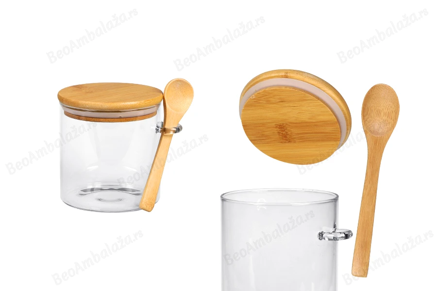 Staklena cilindrična tegla 600mL, sa drvenom kašikom i poklopcem sa gumicom, 100x100mm-slika_proizvoda
