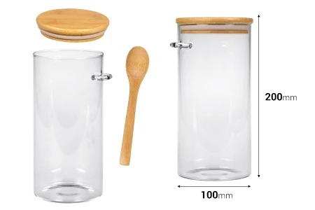 Staklena cilindrična tegla 1300mL, sa drvenom kašikom i poklopcem sa gumicom, 100x200mm-2