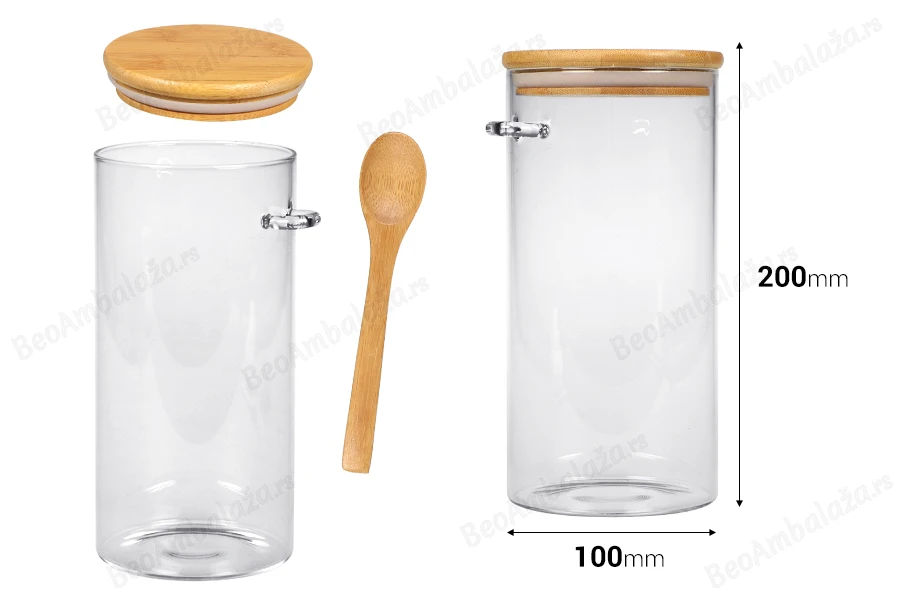 Staklena cilindrična tegla 1300mL, sa drvenom kašikom i poklopcem sa gumicom, 100x200mm-dimenzije_slike