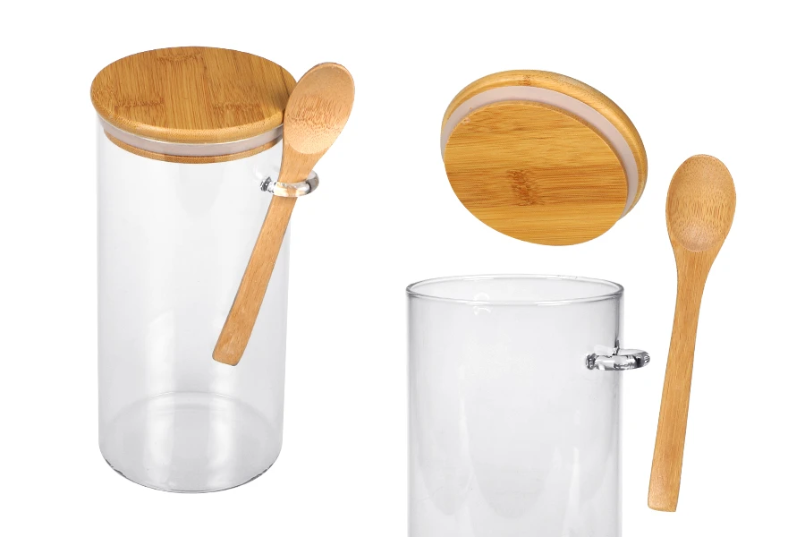 Staklena cilindrična tegla 1300mL, sa drvenom kašikom i poklopcem sa gumicom, 100x200mm-slika_proizvoda
