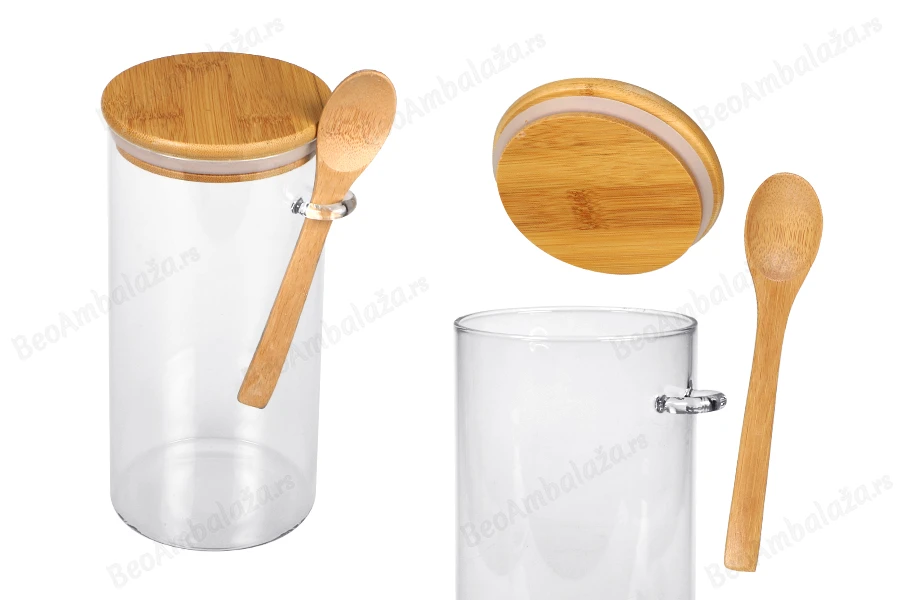 Staklena cilindrična tegla 1300mL, sa drvenom kašikom i poklopcem sa gumicom, 100x200mm-slika_proizvoda