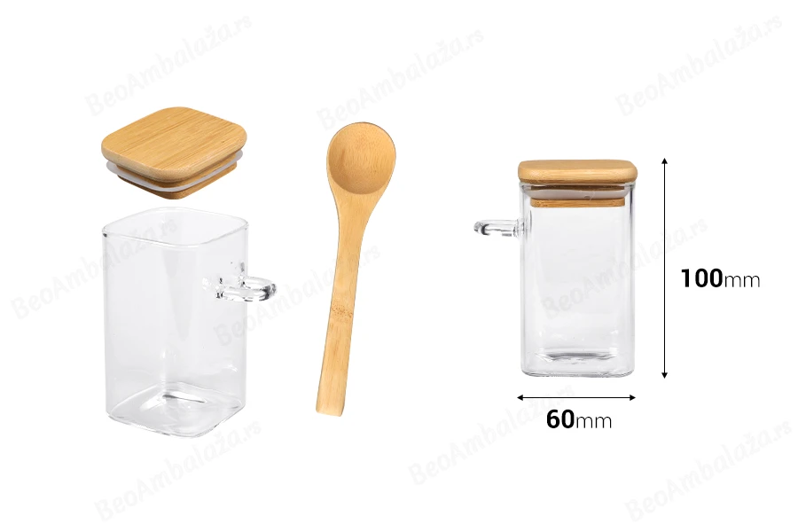 Staklena četvrtasta tegla 250mL, sa drvenom kašikom i poklopcem sa gumicom, 60x100mm-dimenzije_slike