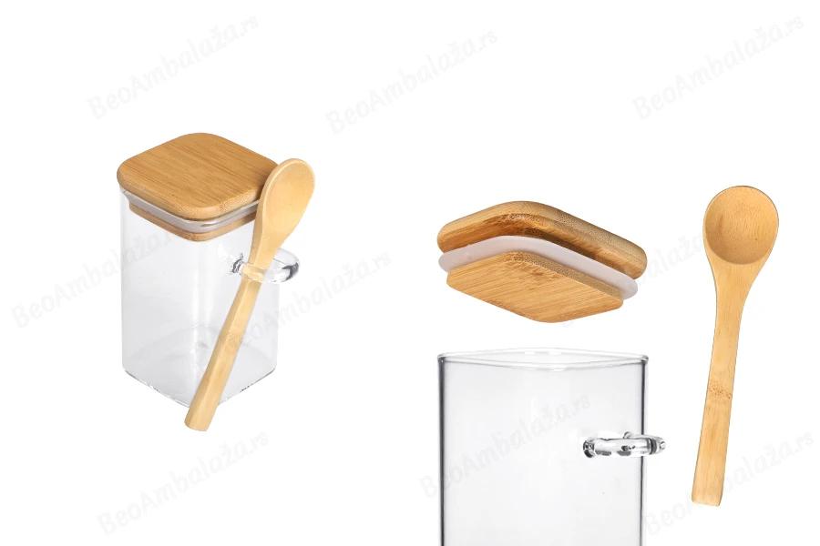 Staklena četvrtasta tegla 250mL, sa drvenom kašikom i poklopcem sa gumicom, 60x100mm-slika_proizvoda