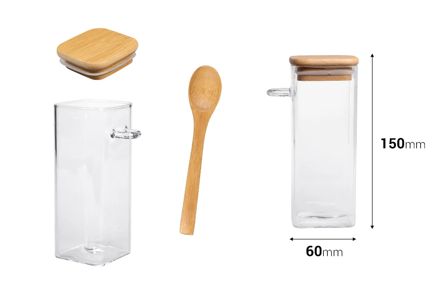 Staklena četvrtasta tegla 400mL, sa drvenom kašikom i poklopcem sa gumicom, 60x150mm Staklena četvrtasta tegla 400mL, sa drvenom kašikom i poklopcem sa gumicom, 60x150mm
