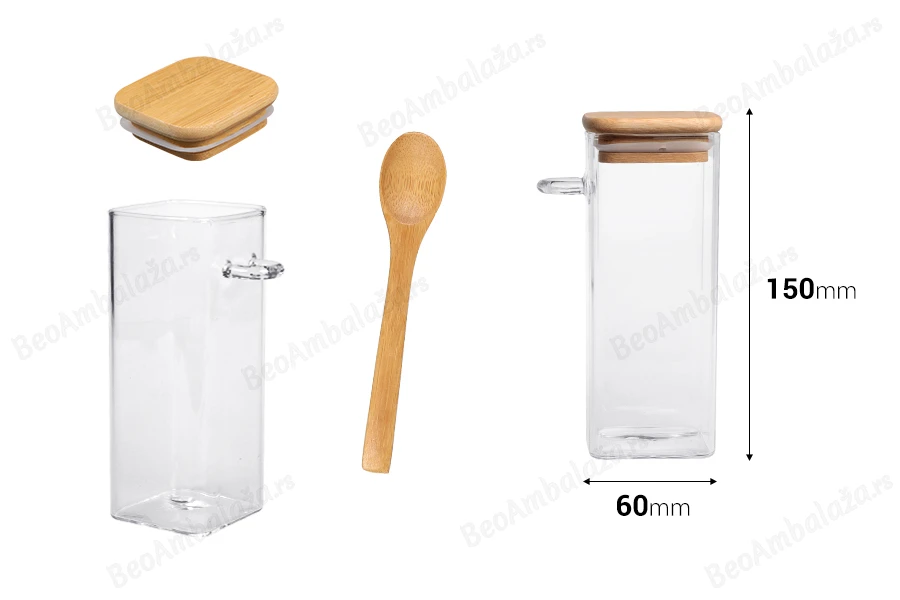 Staklena četvrtasta tegla 400mL, sa drvenom kašikom i poklopcem sa gumicom, 60x150mm-dimenzije_slike