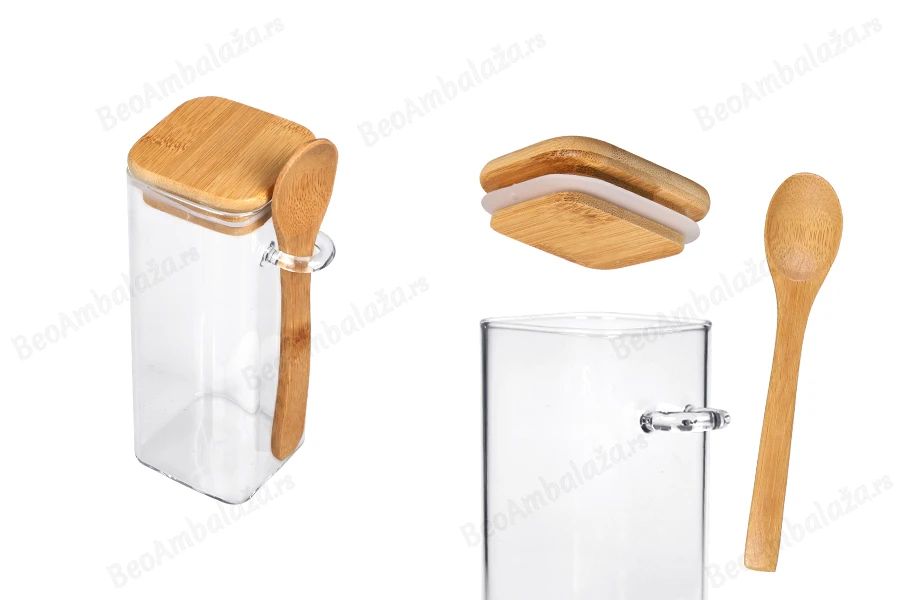 Staklena četvrtasta tegla 400mL, sa drvenom kašikom i poklopcem sa gumicom, 60x150mm-slika_proizvoda