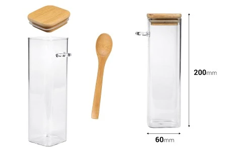 Staklena četvrtasta tegla 550mL, sa drvenom kašikom i poklopcem sa gumicom, 60x200mm-2