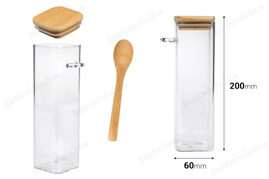 Staklena četvrtasta tegla 550mL, sa drvenom kašikom i poklopcem sa gumicom, 60x200mm-dimenzije_slike