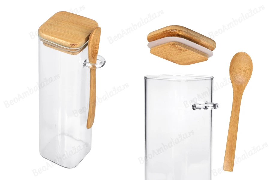 Staklena četvrtasta tegla 550mL, sa drvenom kašikom i poklopcem sa gumicom, 60x200mm-slika_proizvoda
