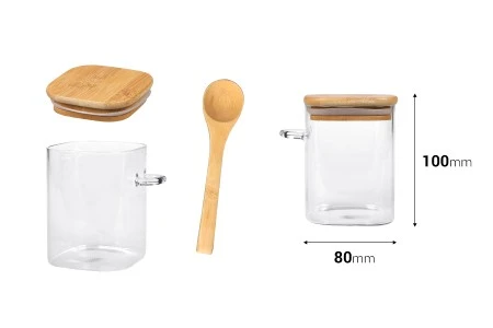 Staklena četvrtasta tegla 450mL, sa drvenom kašikom i poklopcem sa gumicom, 80x100mm-2