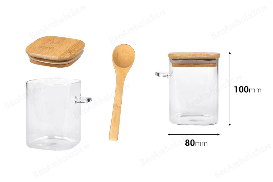 Staklena četvrtasta tegla 450mL, sa drvenom kašikom i poklopcem sa gumicom, 80x100mm-dimenzije_slike