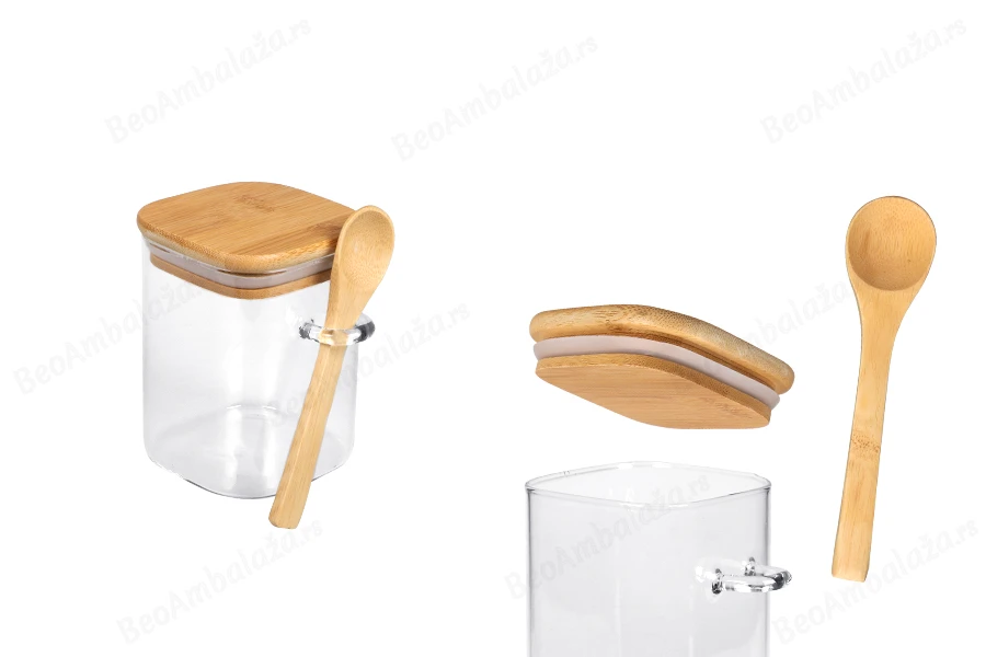 Staklena četvrtasta tegla 450mL, sa drvenom kašikom i poklopcem sa gumicom, 80x100mm-slika_proizvoda