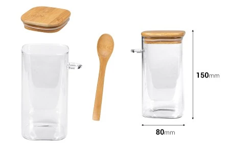 Staklena četvrtasta tegla 700mL, sa drvenom kašikom i poklopcem sa gumicom, 80x150mm-2