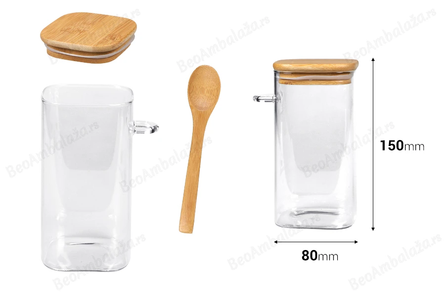 Staklena četvrtasta tegla 700mL, sa drvenom kašikom i poklopcem sa gumicom, 80x150mm-dimenzije_slike