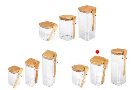 Staklena četvrtasta tegla 700mL, sa drvenom kašikom i poklopcem sa gumicom, 80x150mm-6