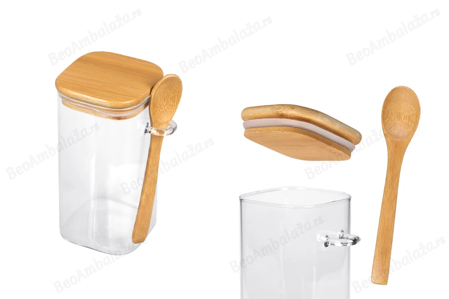 Staklena četvrtasta tegla 700mL, sa drvenom kašikom i poklopcem sa gumicom, 80x150mm-slika_proizvoda