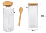 Staklena četvrtasta tegla 900mL, sa drvenom kašikom i poklopcem sa gumicom, 80x200mm-dimenzije_slike
