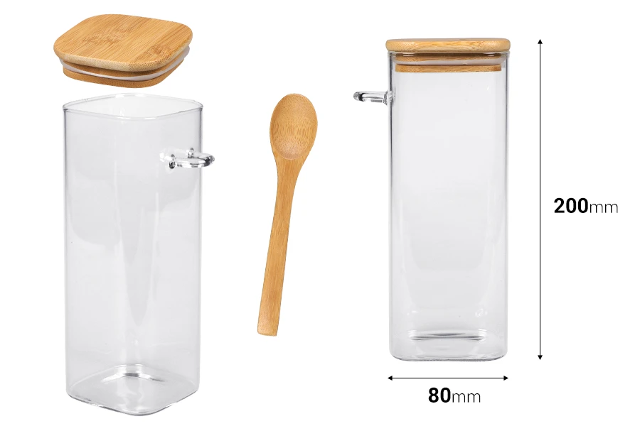Staklena četvrtasta tegla 900mL, sa drvenom kašikom i poklopcem sa gumicom, 80x200mm-dimenzije_slike