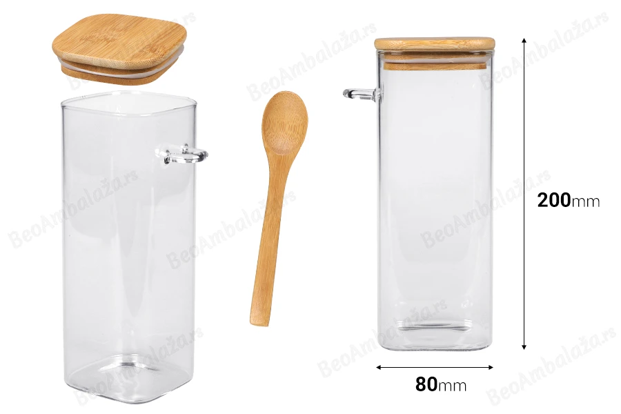 Staklena četvrtasta tegla 900mL, sa drvenom kašikom i poklopcem sa gumicom, 80x200mm-dimenzije_slike