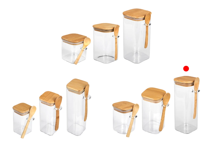 Staklena četvrtasta tegla 900mL, sa drvenom kašikom i poklopcem sa gumicom, 80x200mm-grupa_slika