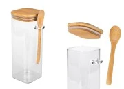 Staklena četvrtasta tegla 900mL, sa drvenom kašikom i poklopcem sa gumicom, 80x200mm-slika_proizvoda