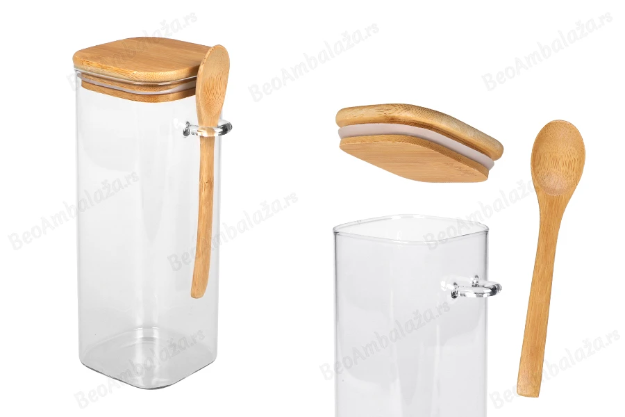 Staklena četvrtasta tegla 900mL, sa drvenom kašikom i poklopcem sa gumicom, 80x200mm-slika_proizvoda