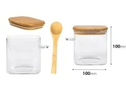 Staklena četvrtasta tegla 700mL, sa drvenom kašikom i poklopcem sa gumicom, 100x100mm-dimenzije_slike