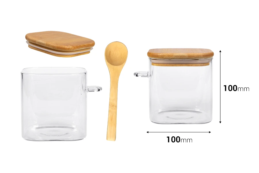 Staklena četvrtasta tegla 700mL, sa drvenom kašikom i poklopcem sa gumicom, 100x100mm-dimenzije_slike