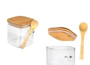 Staklena četvrtasta tegla 700mL, sa drvenom kašikom i poklopcem sa gumicom, 100x100mm-slika_proizvoda