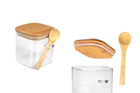 Staklena četvrtasta tegla 700mL, sa drvenom kašikom i poklopcem sa gumicom, 100x100mm-1