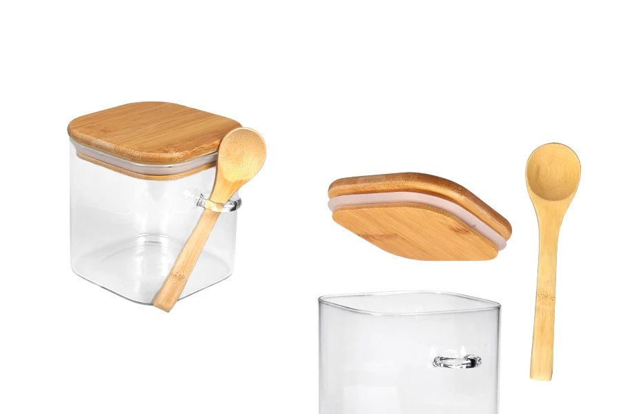 Staklena četvrtasta tegla 700mL, sa drvenom kašikom i poklopcem sa gumicom, 100x100mm-slika_proizvoda