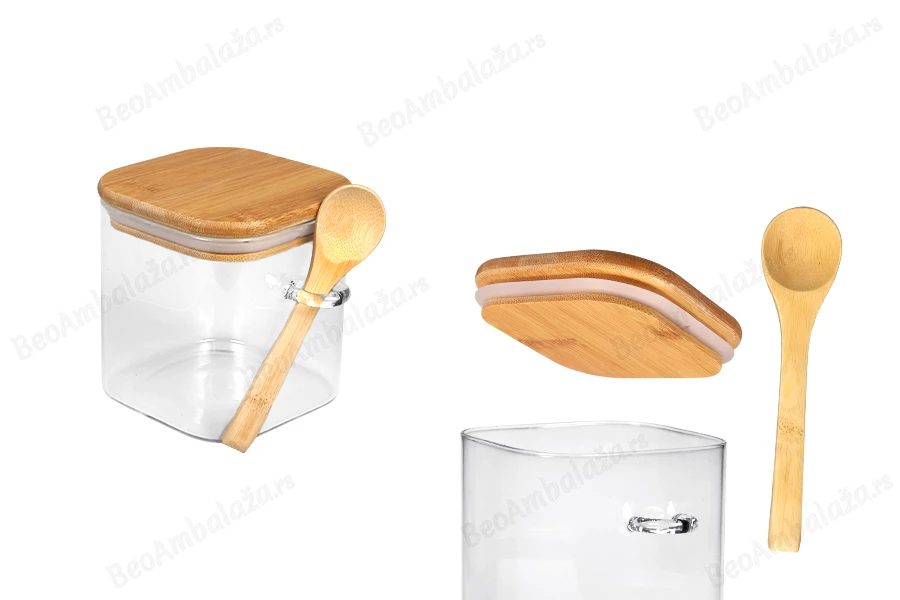 Staklena četvrtasta tegla 700mL, sa drvenom kašikom i poklopcem sa gumicom, 100x100mm-slika_proizvoda