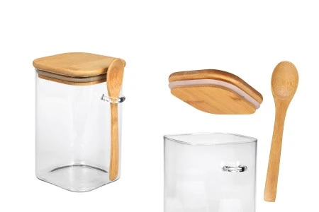 Staklena četvrtasta tegla 1050mL, sa drvenom kašikom i poklopcem sa gumicom, 100x150mm-1