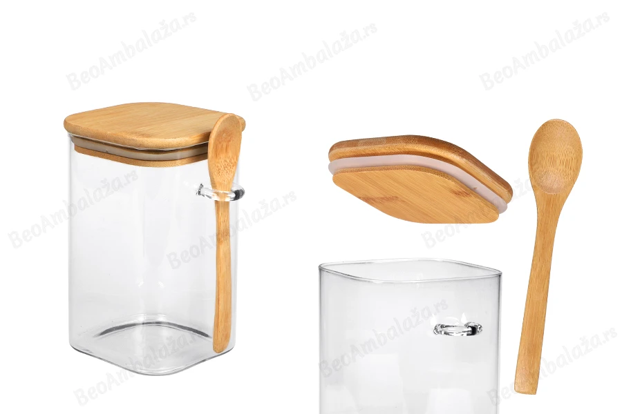 Staklena četvrtasta tegla 1050mL, sa drvenom kašikom i poklopcem sa gumicom, 100x150mm-slika_proizvoda