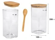 Staklena četvrtasta tegla 1550mL, sa drvenom kašikom i poklopcem sa gumicom, 100x200mm