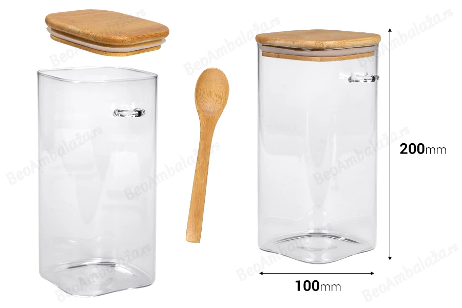 Staklena četvrtasta tegla 1550mL, sa drvenom kašikom i poklopcem sa gumicom, 100x200mm-dimenzije_slike