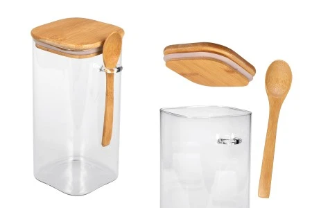 Staklena četvrtasta tegla 1550mL, sa drvenom kašikom i poklopcem sa gumicom, 100x200mm-1
