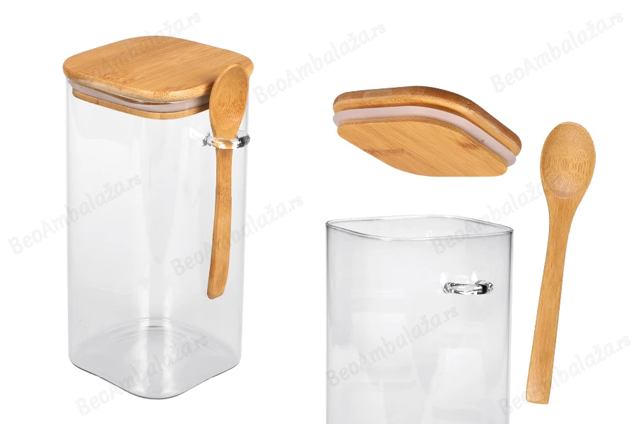 Staklena četvrtasta tegla 1550mL, sa drvenom kašikom i poklopcem sa gumicom, 100x200mm-slika_proizvoda