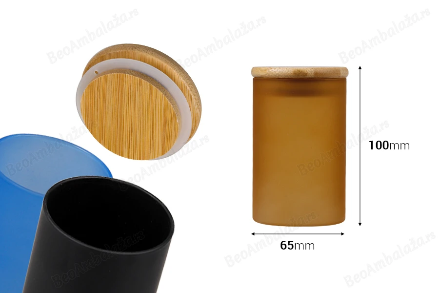 Staklena okrugla teglica 65x100mm, sa drvenim poklopcem sa sigurnosnom gumicom, u više MAT boja-dimenzije_slike