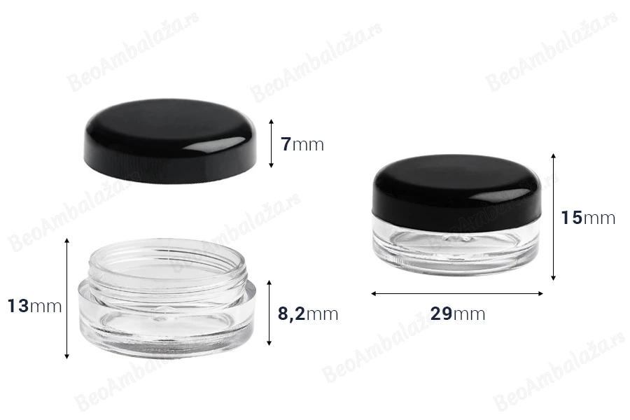 Akrilna providna kutijica 3mL za kreme sa crnim zatvaračem - 12 kom-dimenzije_slike