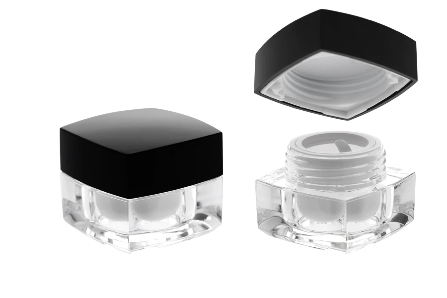 Luksuzna četvrtasta akrilna kutija za kreme 5mL sa crnim zatvaračem sa unutrašnjom zaptivkom i plastičnim međupoklopcem-grupa_slika