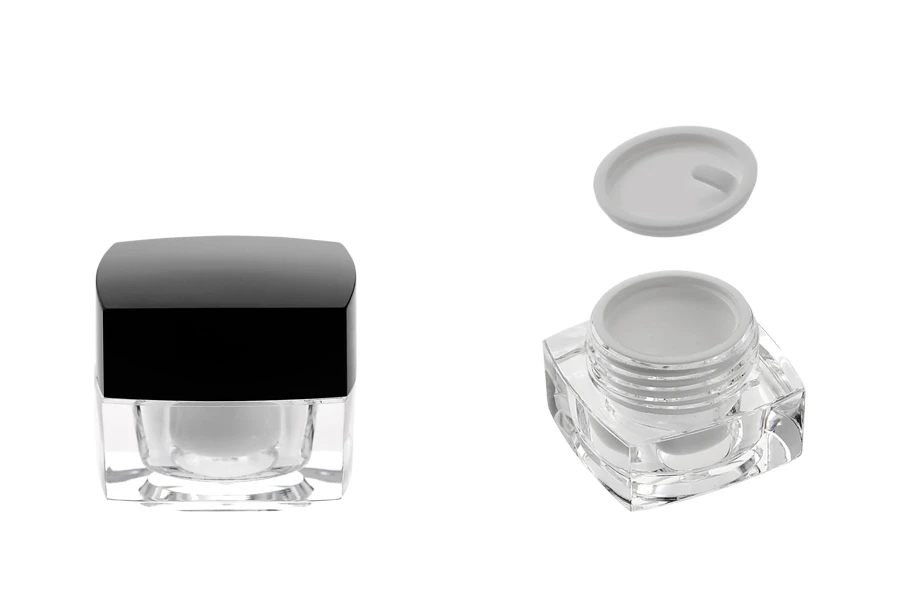 Luksuzna četvrtasta akrilna kutija za kreme 5mL sa crnim zatvaračem sa unutrašnjom zaptivkom i plastičnim međupoklopcem-grupa_slika