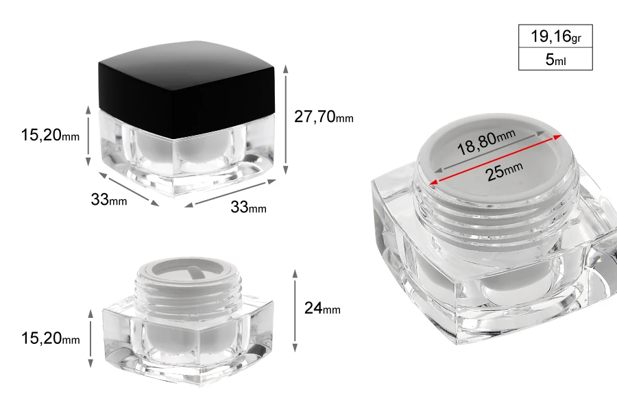 Luksuzna četvrtasta akrilna kutija za kreme 5mL sa crnim zatvaračem sa unutrašnjom zaptivkom i plastičnim međupoklopcem-grupa_slika