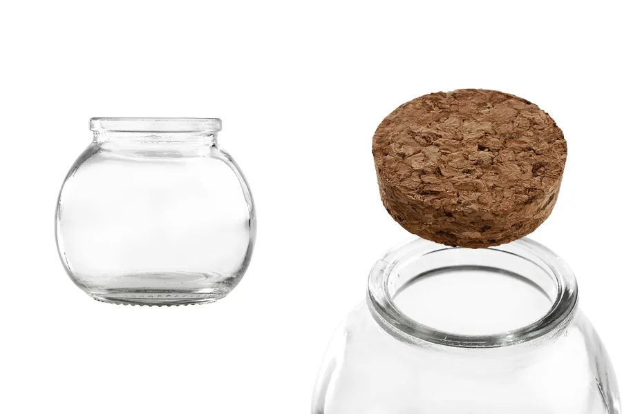 Staklena okrugla tegla 110mL sa konusnim plutanim čepom-dimenzije_slike